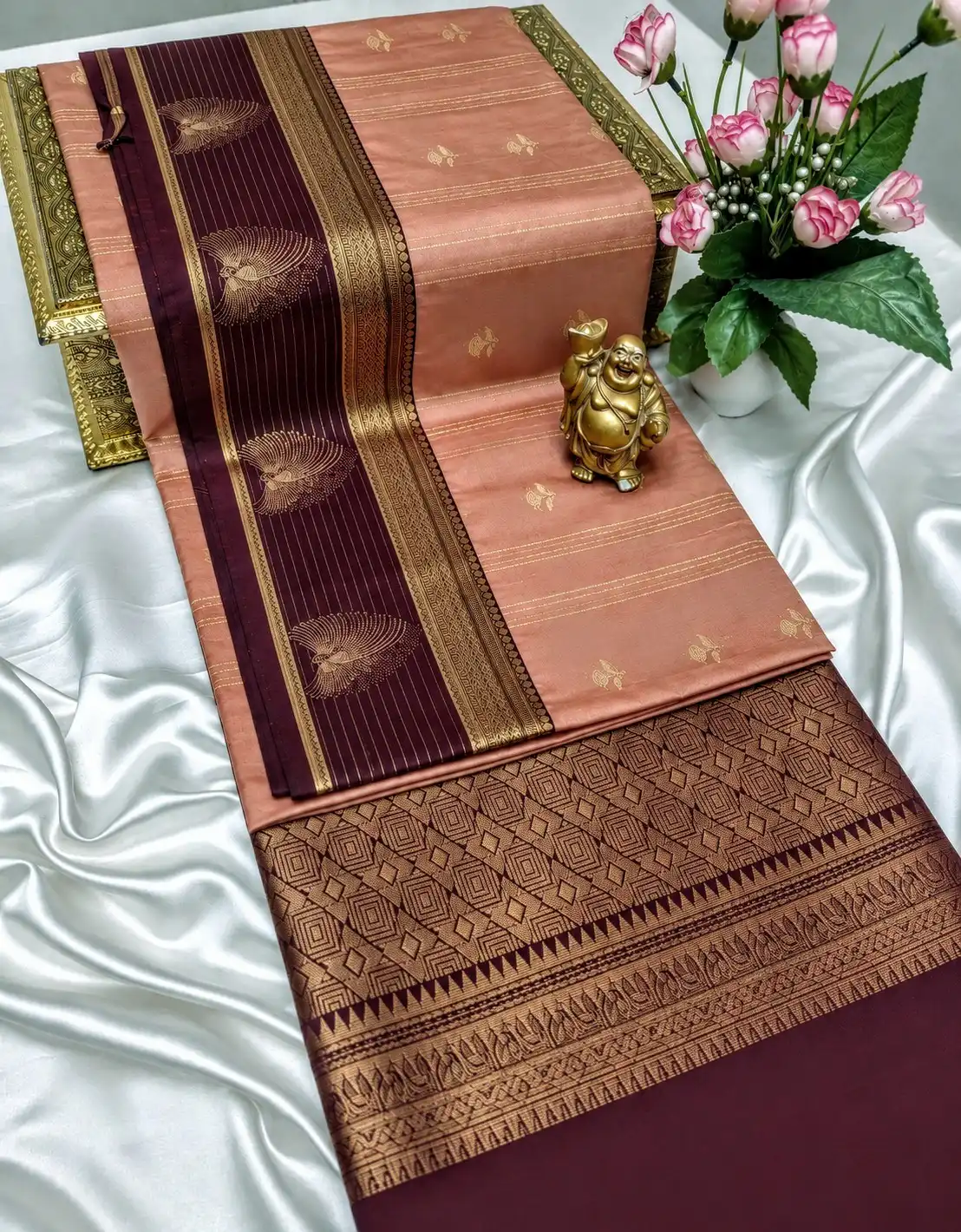 Peach Maroon Checked Line Zari Semi Kanchipuram Silk Saree